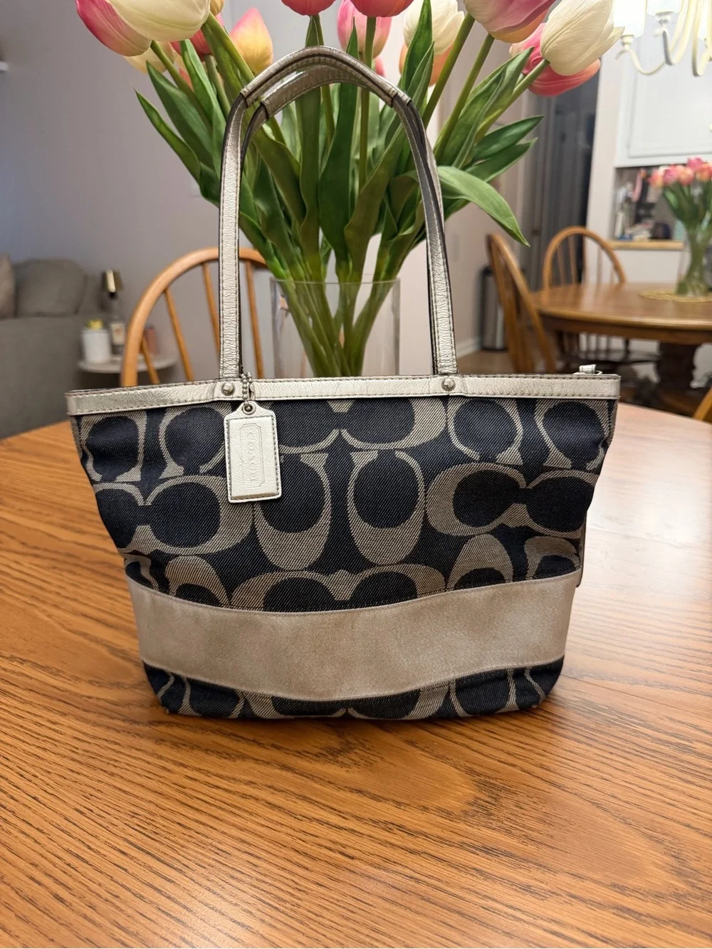 Coach Signature Canvas Tote in Denim and Metallic silver